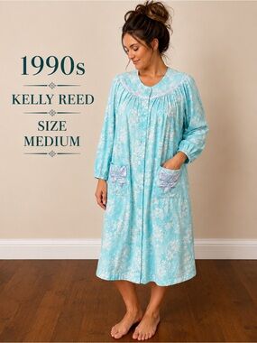 Vintage 1990s Kelly Reed Brushed Cotton Floral Housecoat Robe M